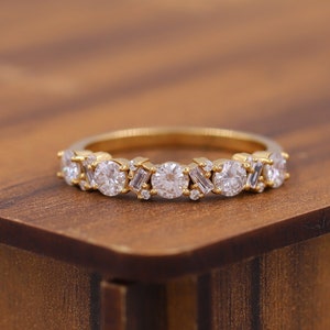 Baguette & Round Cut Moissanite Wedding Band, Unique Half Eternity Promise Band, 14K Solid Gold Engagement Ring, Stackable Band for Women