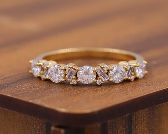 Baguette & Round Cut Moissanite Wedding Band, Unique Half Eternity Promise Band, 14K Solid Gold Engagement Ring, Stackable Band for Women