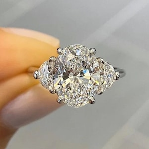Half Moon Side Diamond Ring, Trilogy Proposal Ring, Three Stone Engagement Ring, Oval Cut Moissanite Promise Ring, Fancy Anniversary Gift