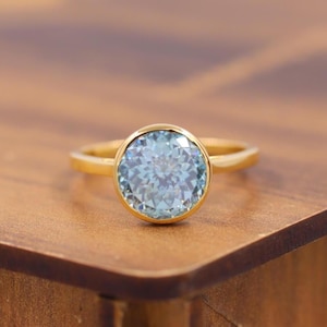 Portuguese Cut Diamond Ring, Moissanite Engagement Ring, Blue Round Cut Solitaire Ring, Full Bezel Set Wedding Ring, Cathedral Shank Ring