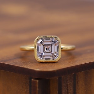 Full Bezel Set Solitaire Wedding Ring, 2.0 Ct Asscher Cut Engagement Ring, First Anniversary Ring, Yellow Gold Moissanite Ring, Gift for Her