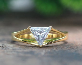2.0 CT Triangle Cut Engagement Ring, Solitaire Ring, Three Prong Set Ring, 14K Yellow Gold Ring, Split Shank CZ Diamond Ring, Gift for Women