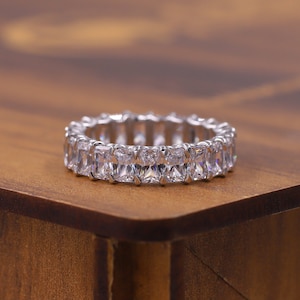 14K White Gold Wedding Band, U Prong Set Full Eternity Engagement Band, Ice Crushed Moissanite Band, Elongated Cushion Cut Diamond Band