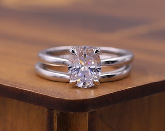 14K White Gold Wedding Ring Set, Oval Cut Engagement Ring Set, Delicate Solitaire Ring Set, Plain Gold Wedding Ring Set, Promise Ring Set