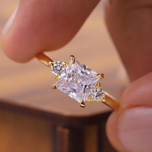14K Solid Gold Engagement Ring, Lab Grown Diamond Wedding Ring, Princess Cut Three Stone Ring, Unique Trilogy Ring, Anniversary Gift for Her