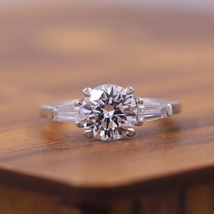 1.5 CT Round Cut Moissanite Wedding Ring, Unique Three Stone Engagement Ring, Round With Baguette Solitaire Diamond Ring, Gift for Women