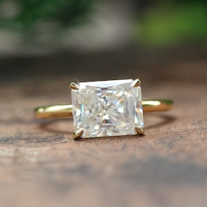 Radiant Cut Moissanite Engagement Ring, East West Solitaire Diamond Ring, 14k Yellow Gold Wedding Ring, Anniversary Ring, Gift for Women
