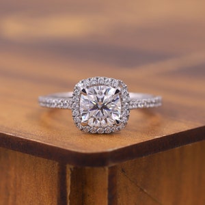 Genuine Diamond Ring, Halo Diamond Engagement Ring, Statement Ring, 925 Sterling Silver Wedding Ring, 2.0 CT Cushion Cut Moissanite Ring