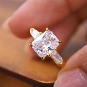Radiant Cut Three Stone Ring, Lab Grown Diamond Wedding Ring, Baguette Side Stones Ring, 14k Solid Gold Engagement Ring, Gift for Women