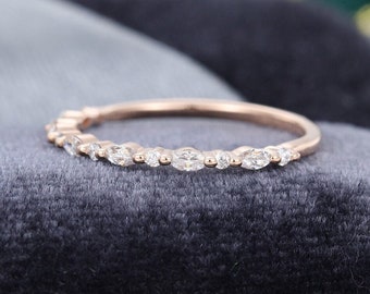 Half Eternity Engagement Band, Marquise & Round Cut Moissanite Band, Stacking Band, Bubble Prong Set Wedding Band, Anniversary Gift for Her