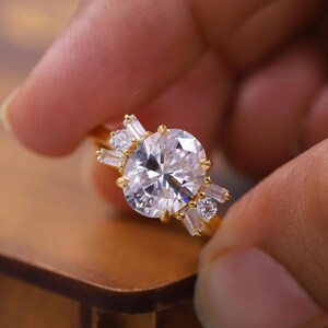 Cluster Diamond Engagement Ring, Oval Cut Lab Grown Diamond Ring, Stylish Wedding Ring, Anniversary Gift, Baguette & Round Side Diamond Ring