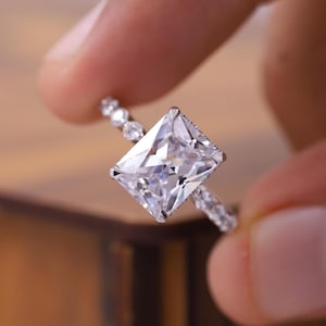 Bubble Prong Set Round Diamond In Band, IGI Certified Engagement Ring, Radiant Cut Lab Grown Diamond Ring, Hidden Halo Diamond Proposal Ring