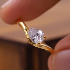 East To West Lab Grown Diamond Ring, Pear Cut Engagement Ring, Solitaire Wedding Ring, 14K Yellow Gold Bypass Shank Ring, Anniversary Gift.