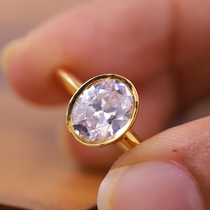 Anillo de compromiso con engaste completo, anillo de diamantes creados en laboratorio de talla ovalada, anillo de bodas de oro macizo de 14 quilates, anillo de diamantes cultivados en laboratorio, regalo de aniversario