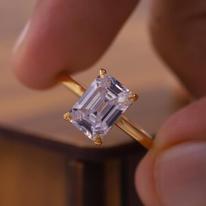 Cathedral Set Wedding Ring, Emerald Cut Lab Grown Diamond Ring, 14k Solid Gold Engagement Ring, Hidden Halo Diamond Ring, IGI Certified Ring