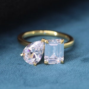 Pear & Emerald Cut Moissanite Engagement Ring, You and Me Promise Ring, Two Stone Wedding Gift, Anniversary Gift, Four Prong Diamond Ring
