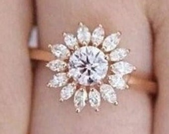 14K Solid Gold Ring, Anniversary Gift, Round Cut Moissanite Starburst Engagement Ring, Wedding Ring, Diamond Ring, Promise Ring for Women