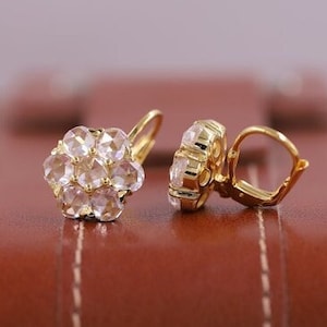 Pendientes con cierre de palanca, pendientes antiguos con diamantes florales en racimo, pendientes de diamantes de talla redonda, pendientes de siete piedras, regalo de aniversario para mujer