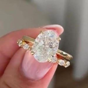Oval Cut Moissanite engagement Ring Set, Unique Solid Gold Bridal ring set, vintage marquise cluster wedding ring set, Anniversary gift