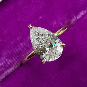 Pear Cut Diamond Ring, 3.00 Carat Pear Cut Moissanite Diamond Solitaire Engagement Ring 14k Yellow Gold Ring for Her, Birthday Gift for Her