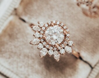 Niepowtarzalny pierścionek zaręczynowy Starburst Halo Promise, 1,5 CT okrągły szlif Moissanite, gruszka i okrągły bezbarwny pierścionek z diamentami z boku, prezent na rocznicę