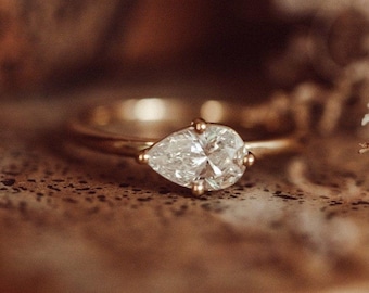 East to West Diamond Ring, Pear Cut Lab Grown Diamond Ring, Solitaire Engagement Ring, Anniversary Gift, Solid Gold Wedding Ring for Her