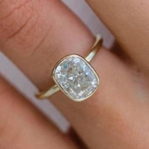 Full Bezel Set Wedding Ring, Cushion Cut Moissanite Engagement Ring, Unique Hidden Halo Ring, Solitaire Diamond Ring, Best Gift for Women