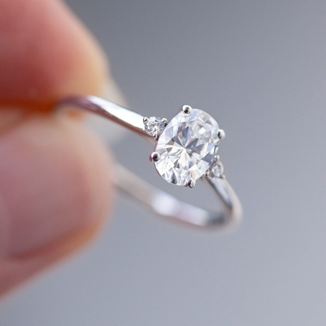 Triple Stone Oval and Round Gold Ring, 1.0 CT Oval Cut Moissanite ...