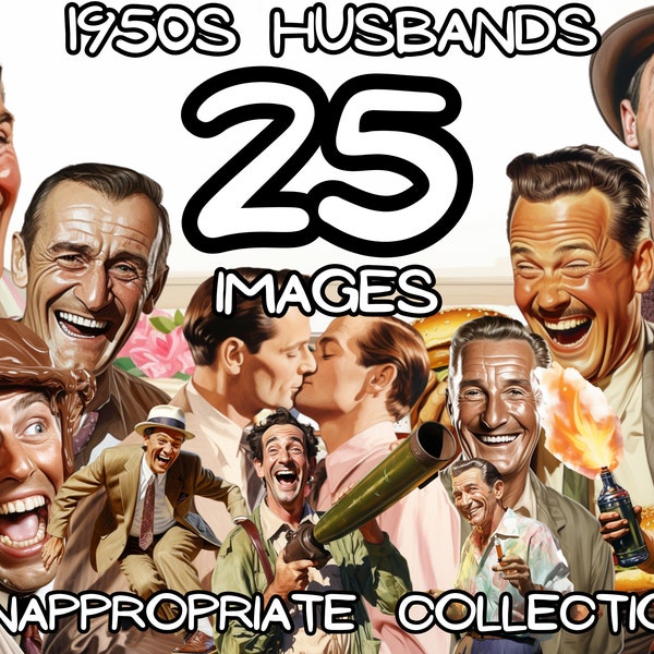 1950s Husbands Retro Art Classic Men Clipart, 25 High Resolution Images 4096 x 4096 PX, 300 PNG Images, Transparent Background Clip Art