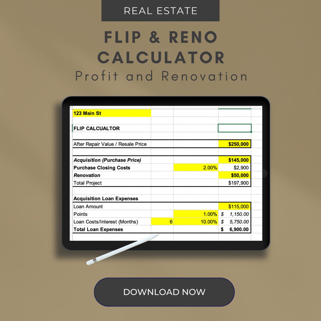 Real Estate Flipper's Profit & Renovation Calculator Excel Spreadsheet