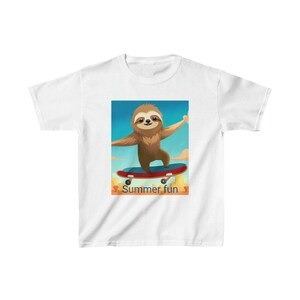 May include: A white t-shirt with a graphic of a sloth skateboarding. The graphic is on a blue background with the text "Summer Fun" below the sloth.