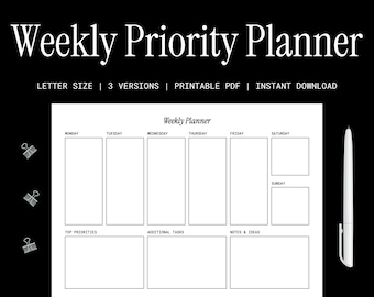 Wekelijkse prioriteitsplanner | Minimalistisch weekschema afdrukbare brief PDF | Weekoverzicht | Minimalistische bureauplanner voor werk