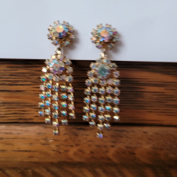 Beautiful Signed Sherman Aurora Borealis Rhinestone Dangle Clip-on Earrings.