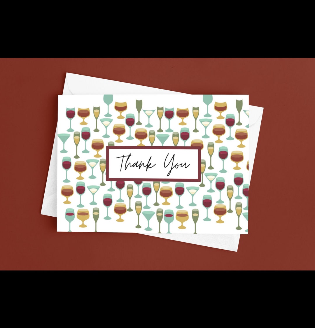 Midcentury Wine Thank You Cards. Say Thank You With or Without Wine SET OF 6 CARDS With