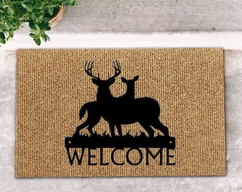 Felpudo con silueta de ciervo de bienvenida, decoración del hogar con ciervos, felpudo para casa de campo, regalo para el hogar de Hunter, felpudo personalizado, regalo de felpudo personalizado