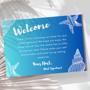 Carte de bienvenue Airbnb - Carte de bienvenue personnalisée, indispensables pour l'hôte, parfaite pour les clients de locations de vacances, carte de bienvenue à la plage