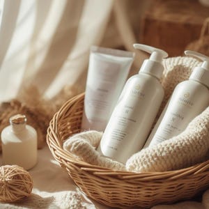May include: A woven basket holds two white pump bottles and a tube of lotion, all with minimalist labels. A small white bottle with a gold cap and a ball of twine are in the foreground. The scene is bathed in soft, natural light.
