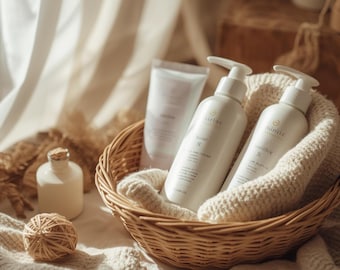May include: A woven basket holds two white pump bottles and a tube of lotion, all with minimalist labels. A small white bottle with a gold cap and a ball of twine are in the foreground. The scene is bathed in soft, natural light.