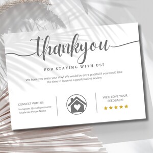 Cartões de agradecimento para anfitriões do Airbnb, agradecimentos personalizáveis aos hóspedes, lembretes de avaliações, notas de hospitalidade para hóspedes, cartões postais para aluguel de férias