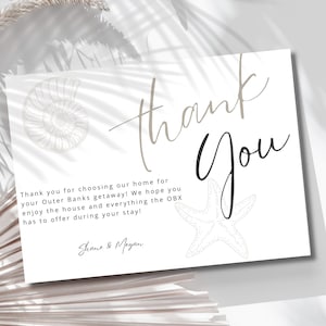 Carte de remerciement Airbnb, carte de remerciement imprimable/modifiable sur le thème de la plage personnalisée pour voyageur Airbnb, maison de location à court terme, remerciement de mariage