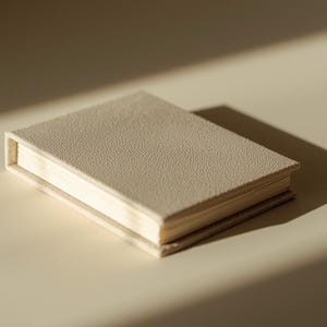 May include: A small, beige book with a textured cover. The pages are visible, and the book casts a shadow on a light-colored surface. The book's cover has a subtle, grainy texture.