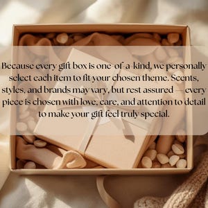 May include: A beige gift box with a cream-colored ribbon, containing a wrapped gift and other items. The text on the image reads: "Because every gift box is one-of-a-kind...to make your gift feel truly special."