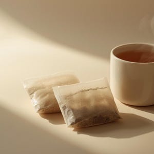 May include: A white ceramic mug filled with tea, with steam rising, next to two tea bags. The tea bags are in transparent packaging. The scene is lit with soft, warm light, creating a relaxing atmosphere.