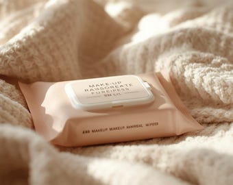 May include: A package of makeup wipes in a soft pink hue, with a white lid, rests on a textured, cream-colored blanket. The package has text that reads "MAKE-UP RAUSOREATE PUREIPESS SM LIL" and "280 MAKEUP MAKEUP MINERAL WIPES".