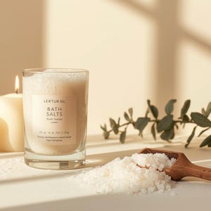 May include: A clear glass filled with bath salts, labeled "Bath Salts" with additional text. Two lit candles and a wooden scoop with bath salts are also present. A sprig of greenery adds a natural touch to the scene.