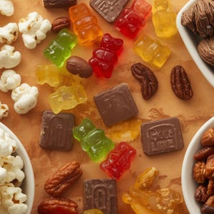 May include: Overhead shot of a variety of snacks on a light brown surface. Includes popcorn, gummy bears in multiple colors, chocolate squares, and pecans. Two white bowls are filled with nuts and popcorn.