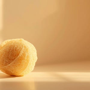 May include: A natural, light yellow loofah sponge, spherical in shape, sits on a light-colored surface. The loofah is made of a fibrous material and is lit by soft, warm light, creating shadows.