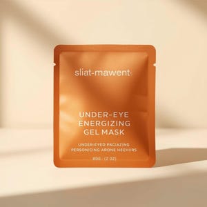 May include: An orange packet of under-eye energizing gel mask. The packet has the text "sliat-mawent" at the top, with "UNDER-EYE ENERGIZING GEL MASK" in the center. The bottom of the packet reads "UNDER-EYED PACIAZING PERSONICING ARONE HECHIIRS 890. (2 OZ)".