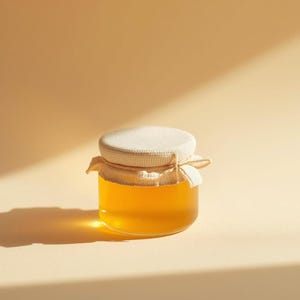 May include: A small glass jar filled with golden honey, sealed with a white fabric lid and tied with twine. The jar sits on a light beige surface, with shadows cast across the scene.
