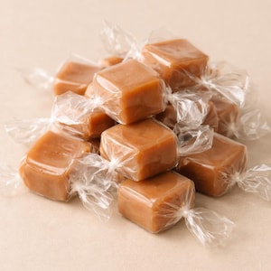 May include: A pile of individually wrapped caramel candies. Each square-shaped caramel is a rich, golden brown color and wrapped in clear cellophane. The candies are stacked on a light beige surface.